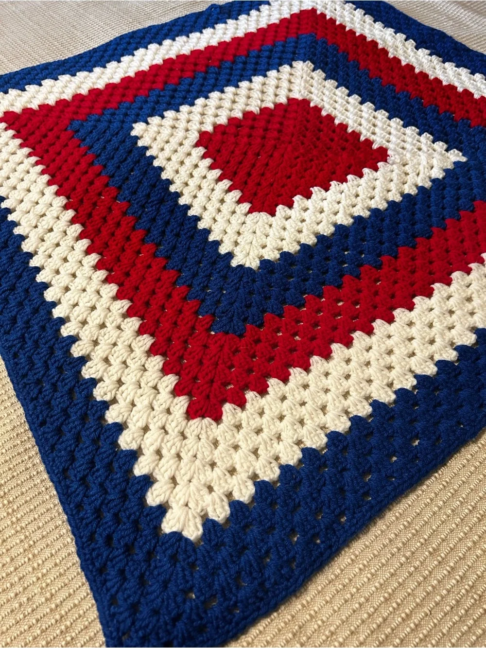 Handmade Crocheted Red White Blue Nursery Baby Lap Blanket Square Home Accent
